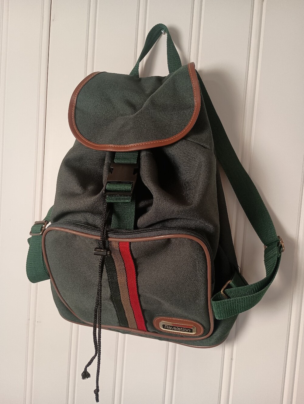 80s Revelation- Green Canvas Backpack w/ Brown & Red Trim- Vintage